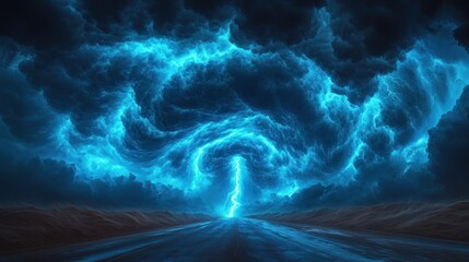 Obraz premium A road leading towards a massive, glowing blue lightning bolt and storm clouds.
