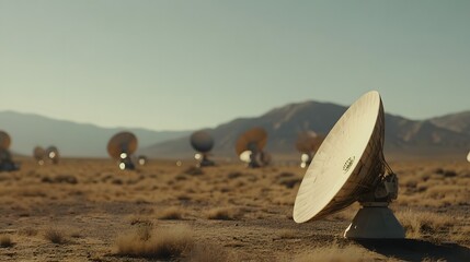 Earth receiving station in a remote desert location, where satellite signals are decoded and transmitted to control centers. The scene symbolizes global connectivity and the seamless flow of informati