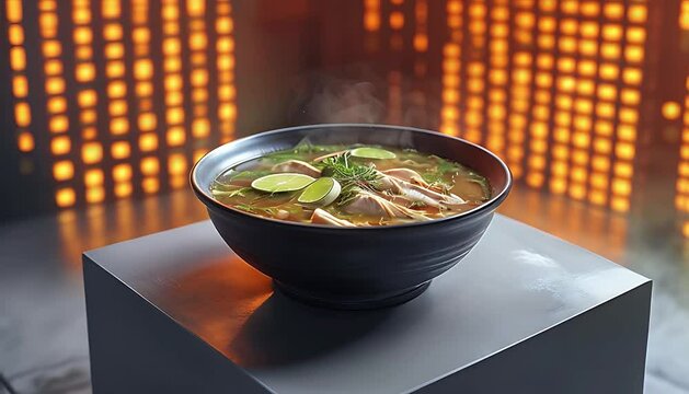 Steaming bowl of soto ayam Indonesian chicken soup on modern podium with lime slices, herbs, and warm lighting, digital background.