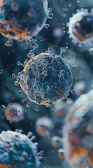 Microscopic view of a virus with intricate structure and surrounding cellular environment