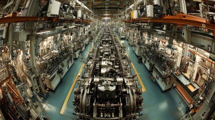 A panoramic view of an automotive engine manufacturing plant, with large, automated machinery and conveyor belts at the top assembling engine components