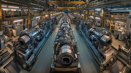 Fototapeta premium A panoramic view of an automotive engine manufacturing plant, with large, automated machinery and conveyor belts at the top assembling engine components