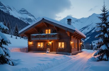 Fototapeta premium A charming wooden house decorated with festive lights, surrounded by snow-covered trees and mountains.