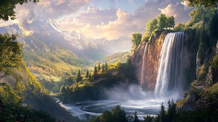 Fototapeta premium Breathtaking summer landscape featuring a majestic waterfall. A stunning morning view of naturea??s beauty.