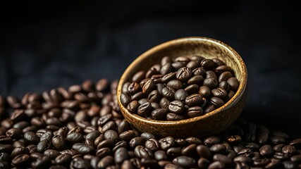Fototapeta premium A wooden bowl overflowing with roasted coffee beans, scattered on a dark surface, creating a rich aroma and inviting a taste of pure indulgence.