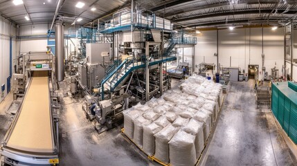 A panoramic view of a chicken feed processing plant, with heavy-duty machinery in the top section grinding and mixing ingredients