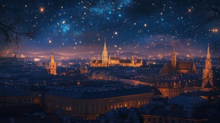 Naklejka premium Night View of Budapest Cityscape with Starry Sky