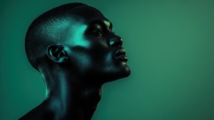 A profile view of a man showcasing his striking features against a soft green background, emphasizing his smooth skin and elegant posture in a dramatic lighting setup