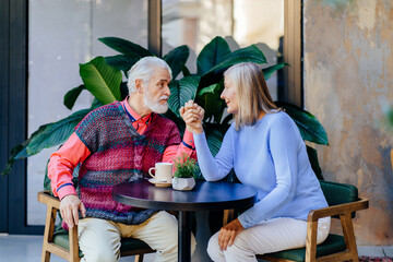 Elderly couple enjoying a warm conversation at a cozy cafe interior.