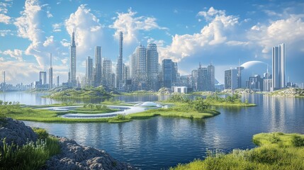 Fototapeta premium A depiction of a world in which climate change is mitigated through large-scale geoengineering projects, such as carbon capture technologies and solar radiation management.