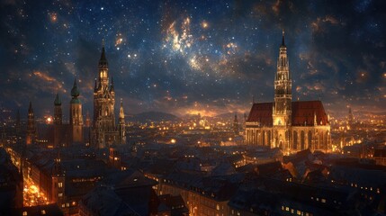 Naklejka premium Cityscape Under A Starry Night