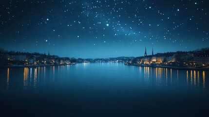 Nighttime Cityscape with Starry Sky