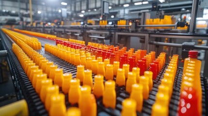 Fototapeta premium A wide-angle view of a high-tech lubricant bottle manufacturing plant. Machinery in the upper area processes bottles