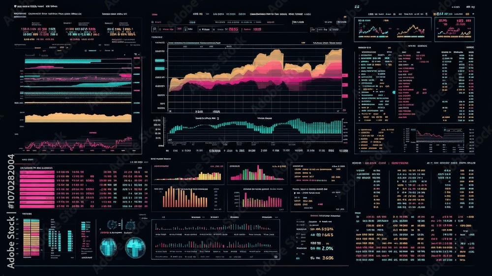 Poster a digital dashboard displaying a stock index table with live data feeds showing stock performance