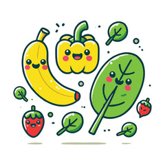 cheerful cartoon fruits and vegetables including banana, bell pepper and spinach leaves