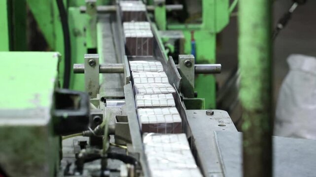 Conveyor at the match factory for the production of veneer blanks matches saltpeter and packaging