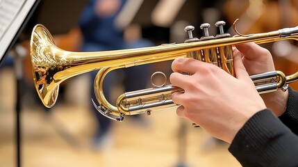 A close-up of hands playing a shiny trumpet, showcasing the instrument's intricate details against a blurred orchestral backdrop.