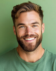 Fototapeta premium A close-up portrait of a man with a beard, smiling confidently against a pastel green background.