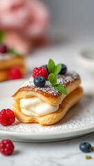 Traditional french Eclairs with chocolate. Tasty colorful dessert profiteroles