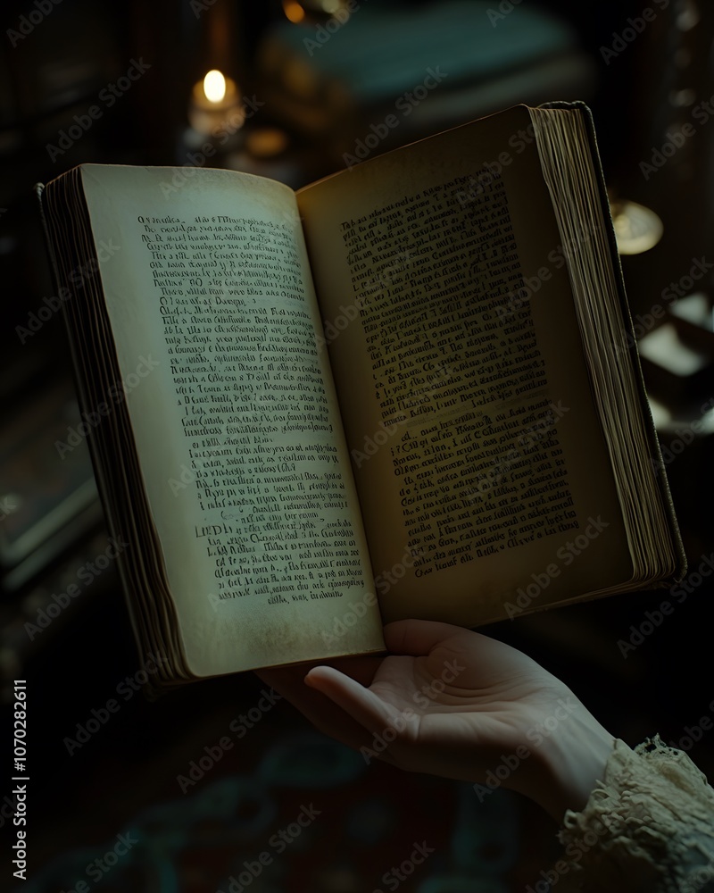 Poster an open book held in a hand, featuring aged pages and intricate text.