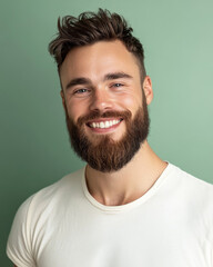 Obraz premium A close-up portrait of a man with a beard, smiling confidently against a pastel green background.