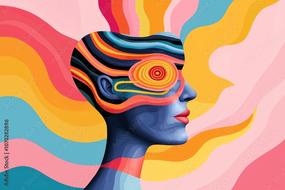 Poster a vibrant abstract representation of a person with colorful swirling patterns around their head in a