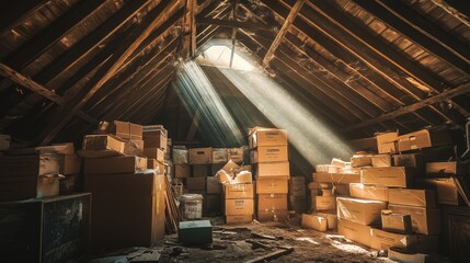 A dusty attic filled with forgotten belongings, boxes stacked high, and beams of sunlight piercing the gloom.