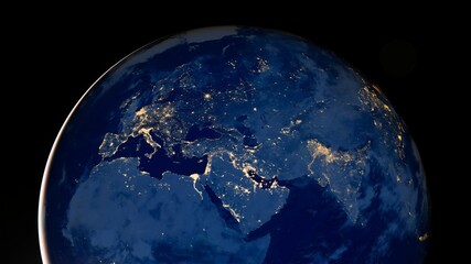 Planet earth photo at night on black background, City Lights of Africa, Europe, and the Middle East from space, World map at night, HD satellite image. Elements of this image furnished by NASA.