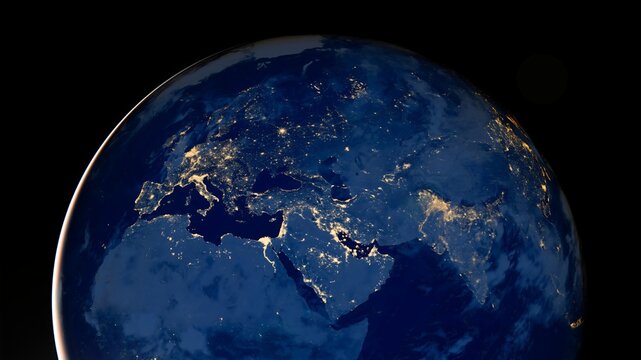 Planet earth photo at night on black background, City Lights of Africa, Europe, and the Middle East from space, World map at night, HD satellite image. Elements of this image furnished by NASA.