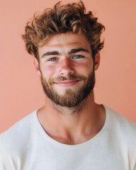 Fototapeta premium A close-up portrait of a young man with a light beard, smiling warmly against a pastel peach background.