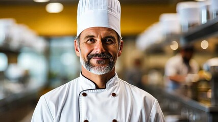 Portrait of confident mature chef posing in restaurant kitchen