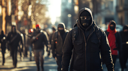 Fototapeta premium Gang skirmish brewing, crowd of aggressive people wearing masks