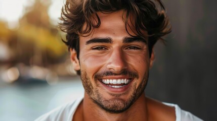Fototapeta premium Young man enjoys a sunny day by the water, showcasing a bright smile and a relaxed attitude in an outdoor setting