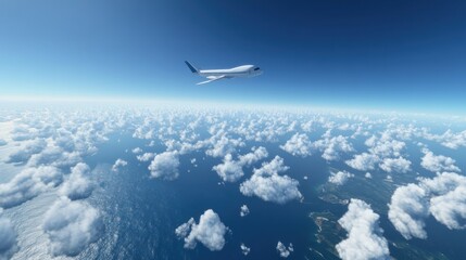 Fototapeta premium High-altitude aerial shot of a passenger jet flying over a vast ocean, with white clouds scattered below. The vastness of the blue sky and ocean highlights the solitude and adventure of air travel.