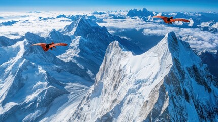 High-altitude aerial view of skydivers in a wingsuit, flying horizontally over snowy mountain peaks. Their trajectory and control showcase the skill required for wingsuit flying