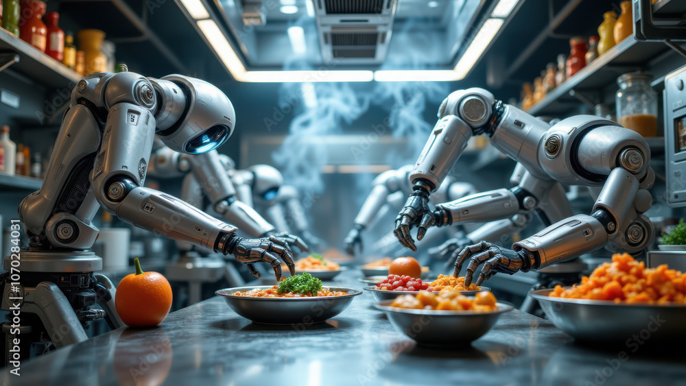 Poster robots working together on a kitchen counter preparing food, signifying collaboration and automation