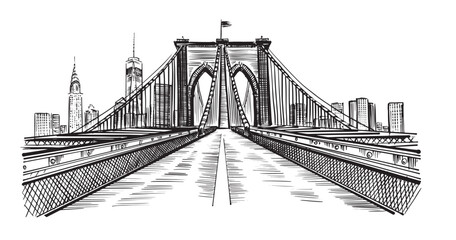 Brooklyn Bridge in New York, hand drawn illustration.	
