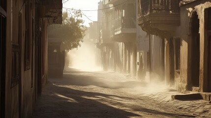 A dusty street in an old town, with the remnants of yesterday's traffic visible in the fine layer of dust.