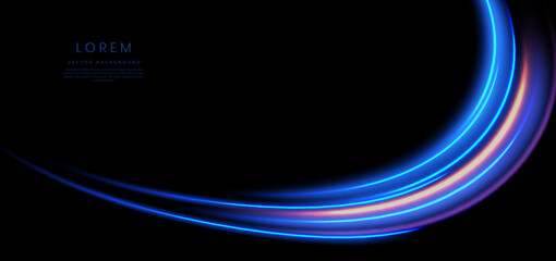 Abstract elegant glowing blue curve ray lighting effect on black background. Hi-speed motion moving concept.