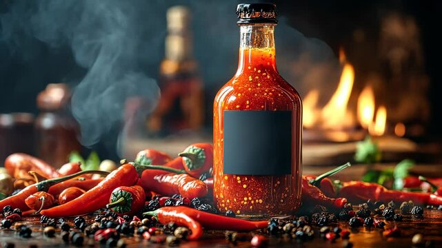 Enveloping smoke creating an atmospheric scene around a bottle of hot sauce