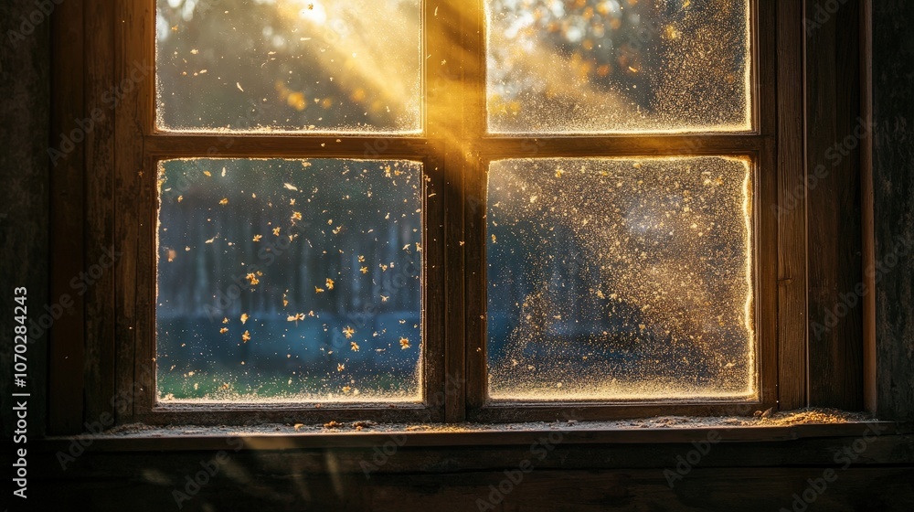 Poster a dusty window, where the sunlight streams in and highlights the particles floating through the air.