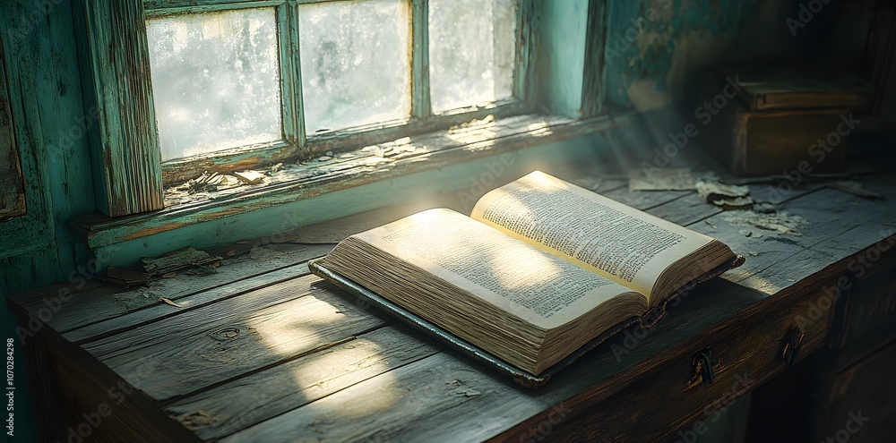 Aufkleber an open book rests on a weathered table, illuminated by soft sunlight through a dusty window.