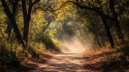 Obraz premium A dusty trail through a forest, where the earth is dry and cracked. The leaves on the trees rustle gently in the breeze, and the dust rises with every step