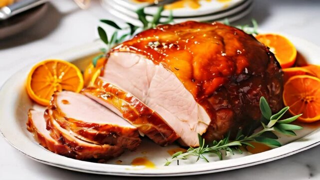 Video of delicious maple glazed gammon with appetizing crust baked with clementines. Sliced on white dish. Holiday meal for family dinner celebrations