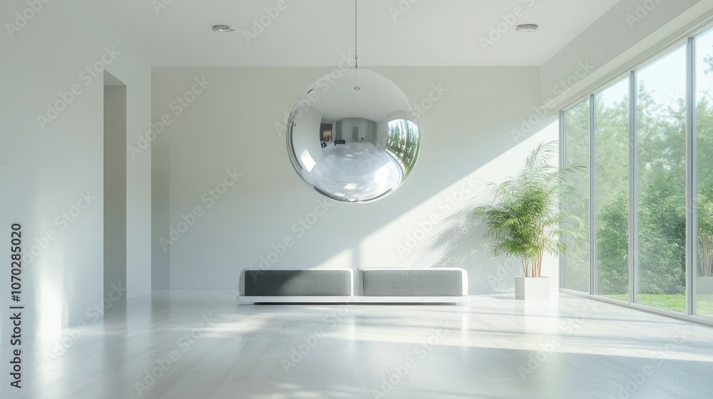 Aufkleber a large silver ball hangs from the ceiling in a white room with a large window