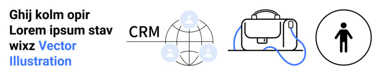 Icons include CRM network globe, briefcase with a wire, and a user icon. Ideal for digital marketing, business planning, CRM systems, project management, corporate training, technology integration