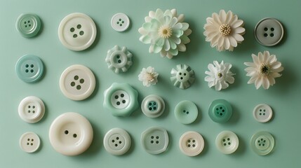 Fototapeta premium Mint green buttons with floral designs artistically arranged against a matching backdrop, creating a soothing and charming visual symmetry.