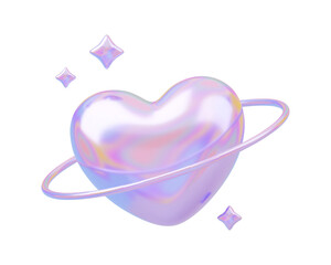 3D holo planetary heart with rings and stars. Galaxy love planet, romantic futuristic shape with chrome elements. Shiny metallic love retro concept. Vector illustration on white background