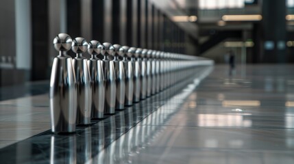 A row of abstract metal sculptures lines a modern corridor, their smooth surfaces glistening under the industrial lights.