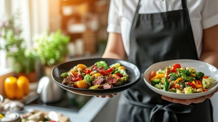 A woman is holding two plates of food, one of which is a salad. The other plate contains a meat dish. The woman is wearing an apron and standing in a kitchen. Concept of warmth and comfort